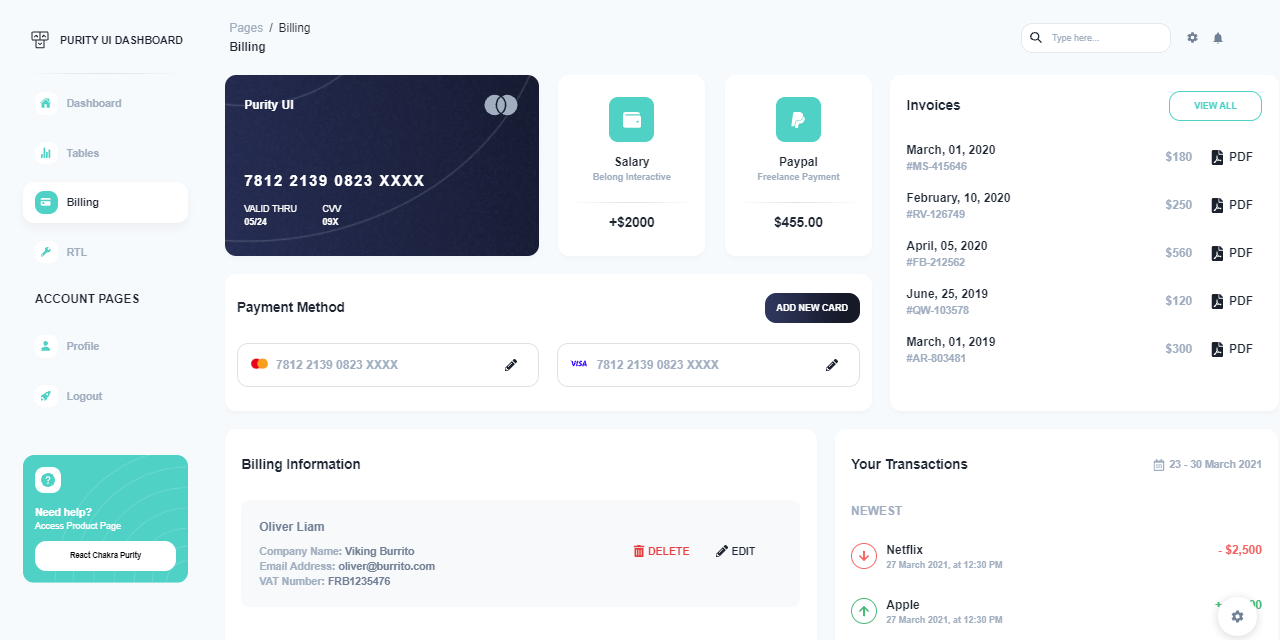React Laravel Purity Dashboard - Billing.