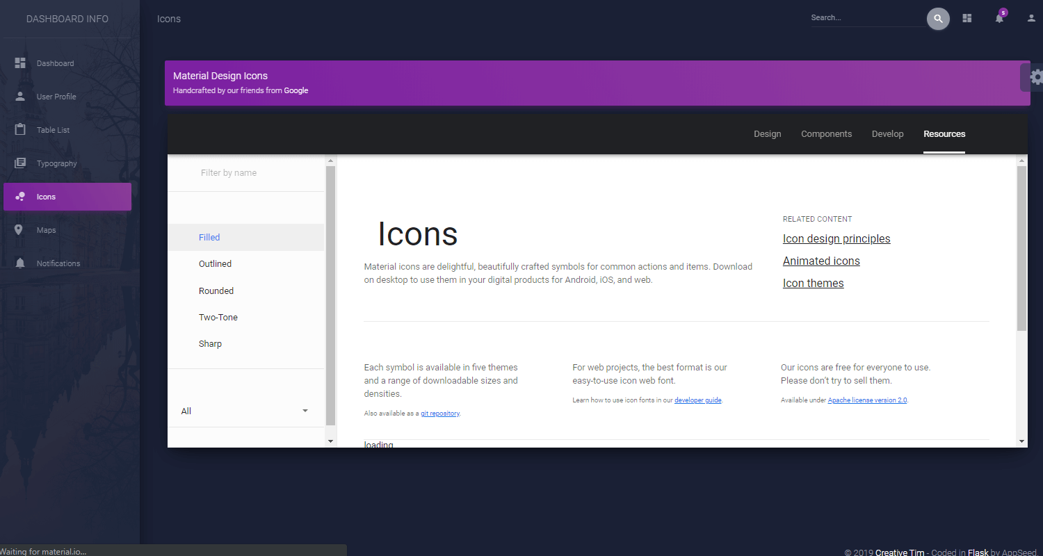 Flask Dashboard Material Dark - App Screen 1