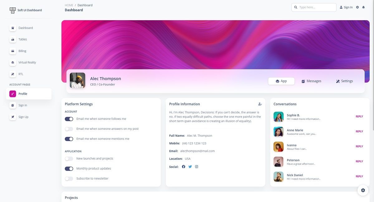A user profile page with avatars and users list, all provided by Soft UI Dashboard, an open-source Django Starter. 