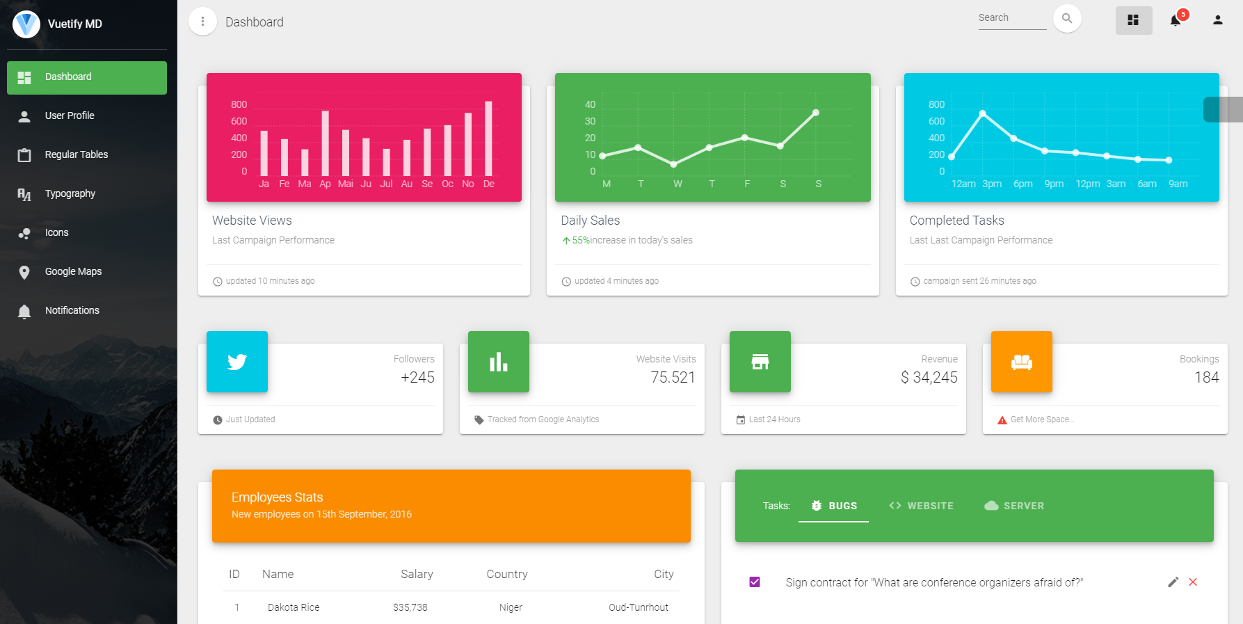 Vue Dashboard - Vuetify Design (Free Version).