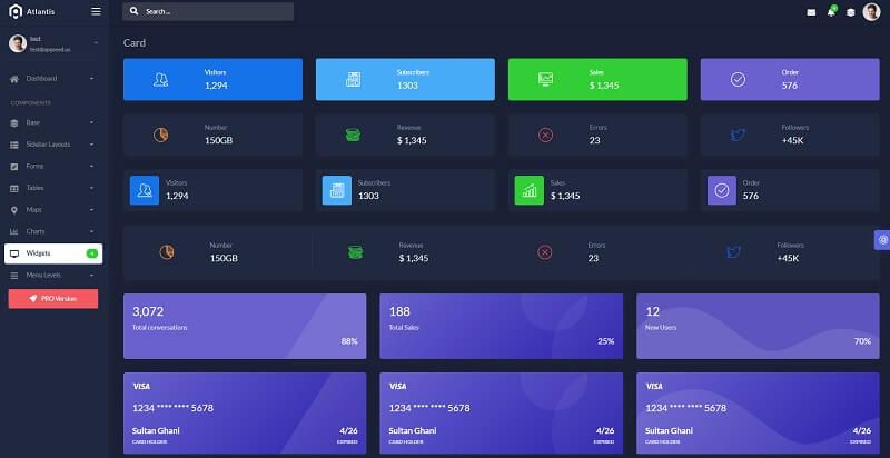 Admin dashboard widgets provided by a web application coded in Flask on top of Atlantis Lite design.