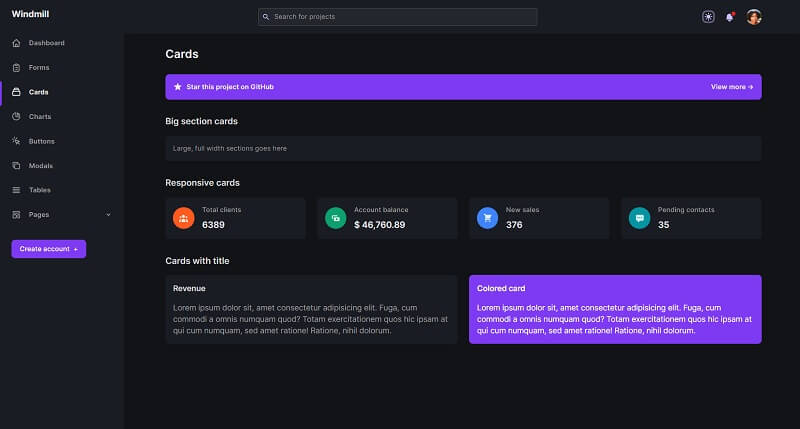 Beautiful cards styled with Tailwind, provided by Windmill, an open-source React Dashboard.