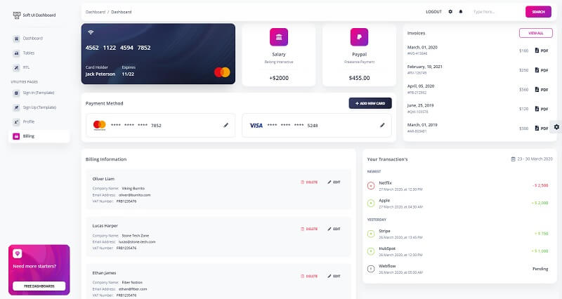 The sample billing provided by Soft UI Dashboard, a modern Bootstrap 5 design.