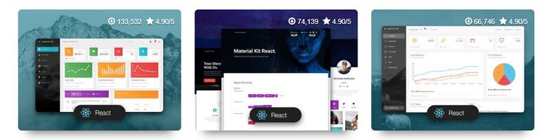 The thumb images of three open-source products designed in React by Creative Tim.