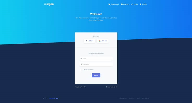 The Login page provided by Argon Design, an open-source React Dashboard Template crafted by Creative Tim.