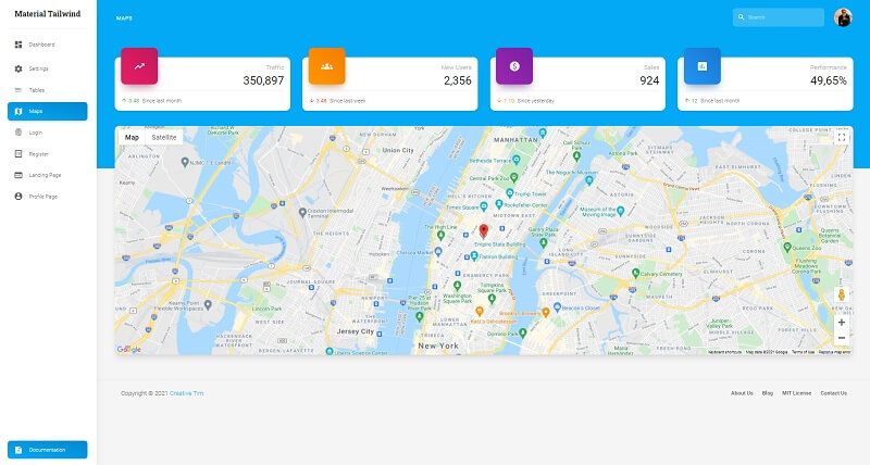 The Google map page of an open-source React dashboard styled with Tailwind CSS - product crafted by Creative-Tim. 