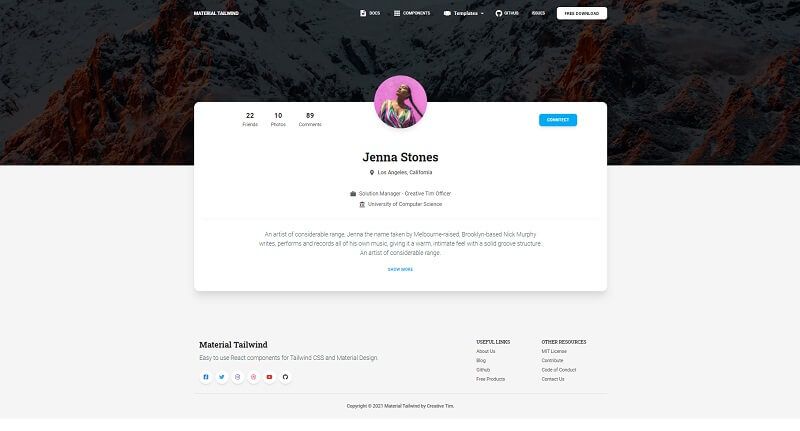 A simple landing page that displays a photo of an user and other user-related information - page provided by React Tailwind Dashboard, an open-source product crafted by Creative Tim agency. 