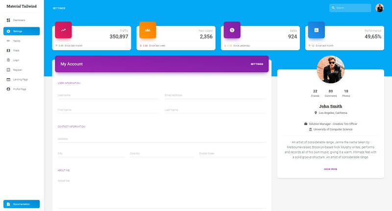A modern user profile page with colorful elements, nice widgets and a form that displays the user information. The Page is provided by React Tailwind Dashboard, crafted and released for free by Creative-Tim.