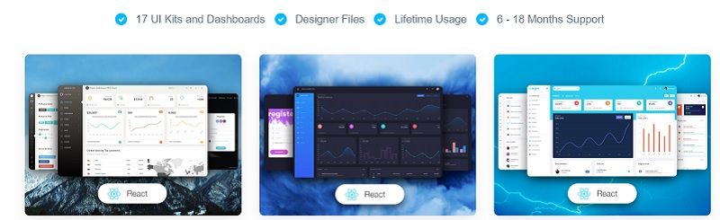 Image that shows three premium React Templates designed by Creative Tim: Paper React template, Black Dashboard and Argon Dashboard. 