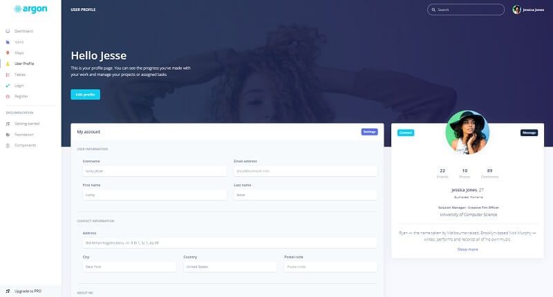 The profile page provided by Argon Design, an open-source React Dashboard Template crafted by Creative Tim.