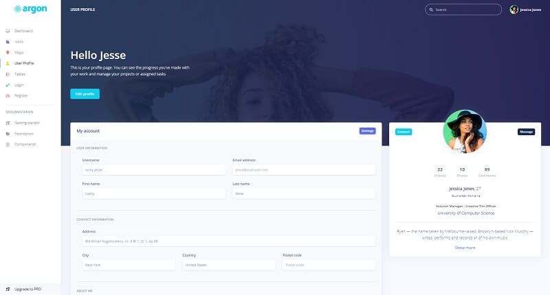 The profile page provided by Argon Design, an open-source React Dashboard Template crafted by Creative Tim. 