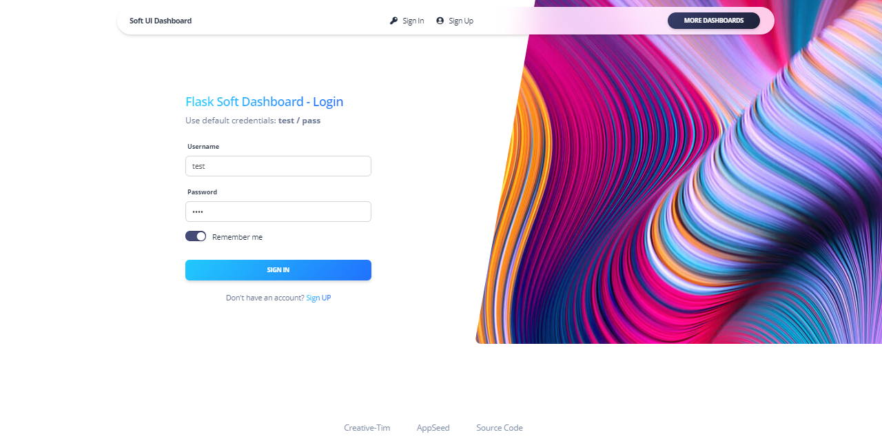 A colorful login page with a form on the left and multi-color random shape on the right.