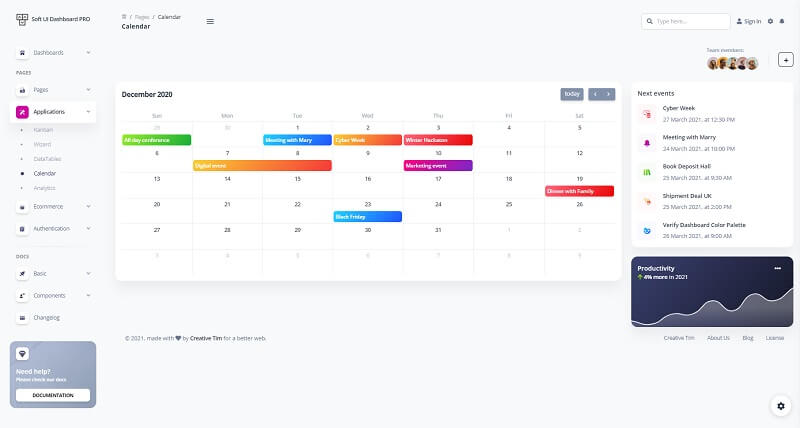 This page provided by Soft UI Dashboard PRO showcase a visual calendar page.