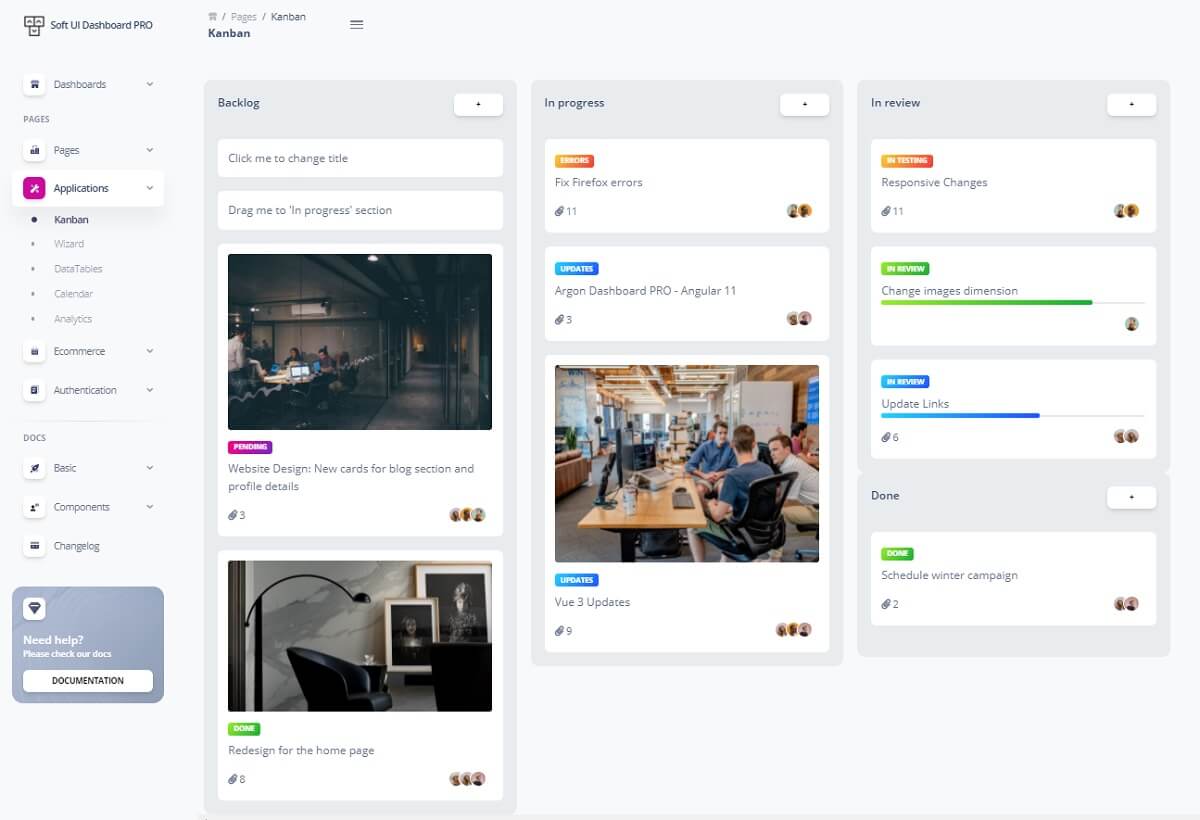 A nice Kanban Board with a gray left menu and beautiful cards organised on three columns, all provided by Soft UI Dashboard, the premium version.
