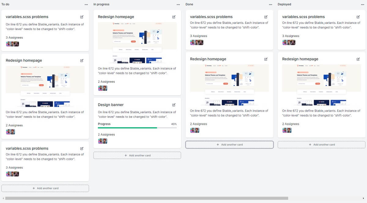 A beautiful Kanban Board with colorful cards organised on for columns, all provided by Volt Dashboard, the premium version. 