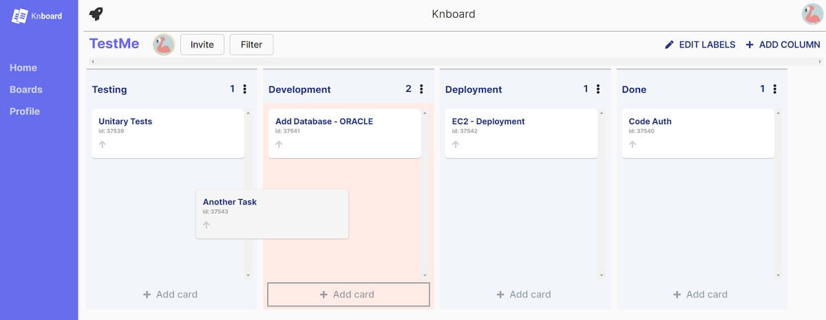 A colorful Kanban page with a blue left menu and for columns with multiple card on each columns.