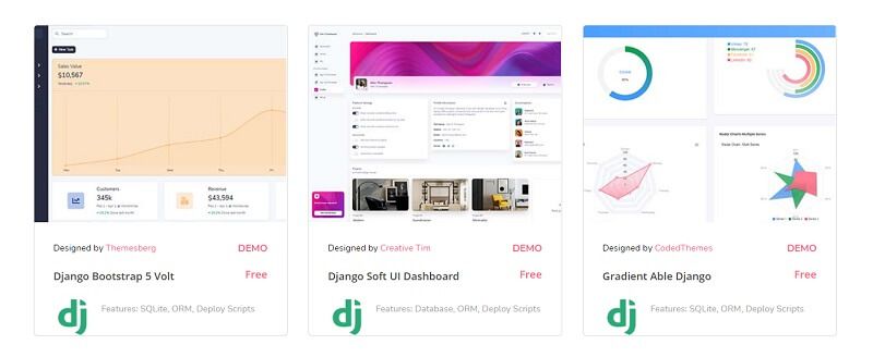 A modern and coloful section with three cards with open-source dashboards, all provided by AppSeed.