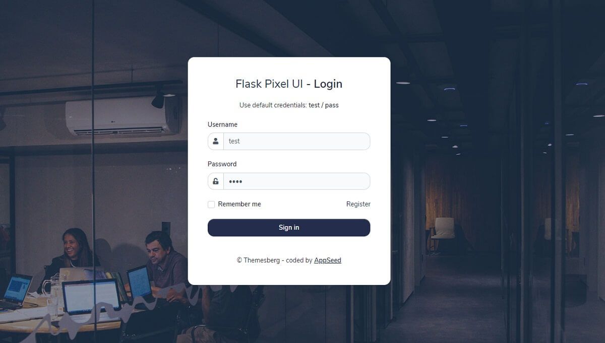 A modern web page with an office location in the background and a authentication form with username and password fields, all provided by Pixel Lite, an open-source Flask Bootstrap template.