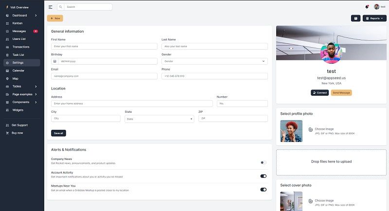 A nice web page with a dark-themed left menu, users images on the right and many fields in the middle, all provided by Flask Volt PRO, a premium seed project from AppSeed.