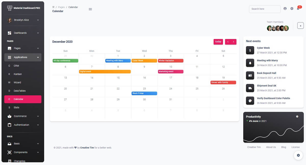 Material Dashboard PRO - Calendar Page.