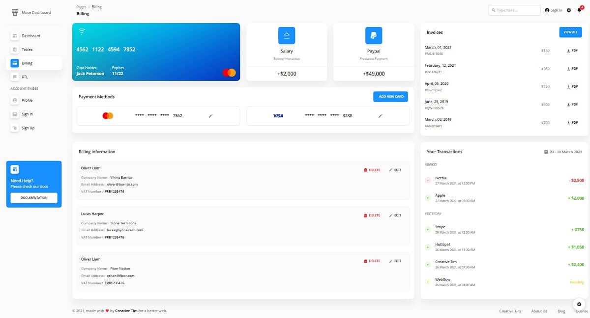 Muse Vue Ant Design Dashboard - Billing Page.