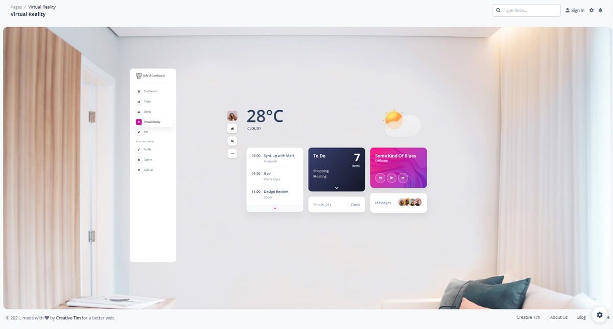 A futuristic 3d page with a simple yet stylish room in the background and a few widgets and a left menu in front, all provided by Soft UI, a modern dashboard design crafted by Creative-Tim.