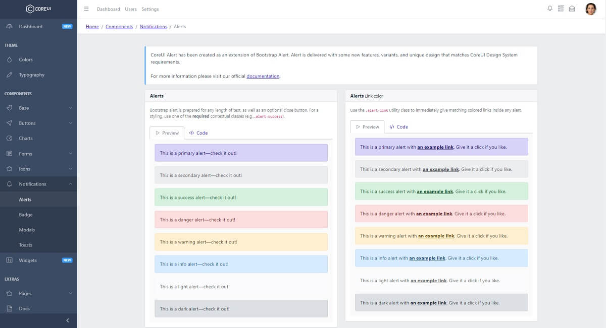 Bootstrap 5 CoreUI - Alerts Page.