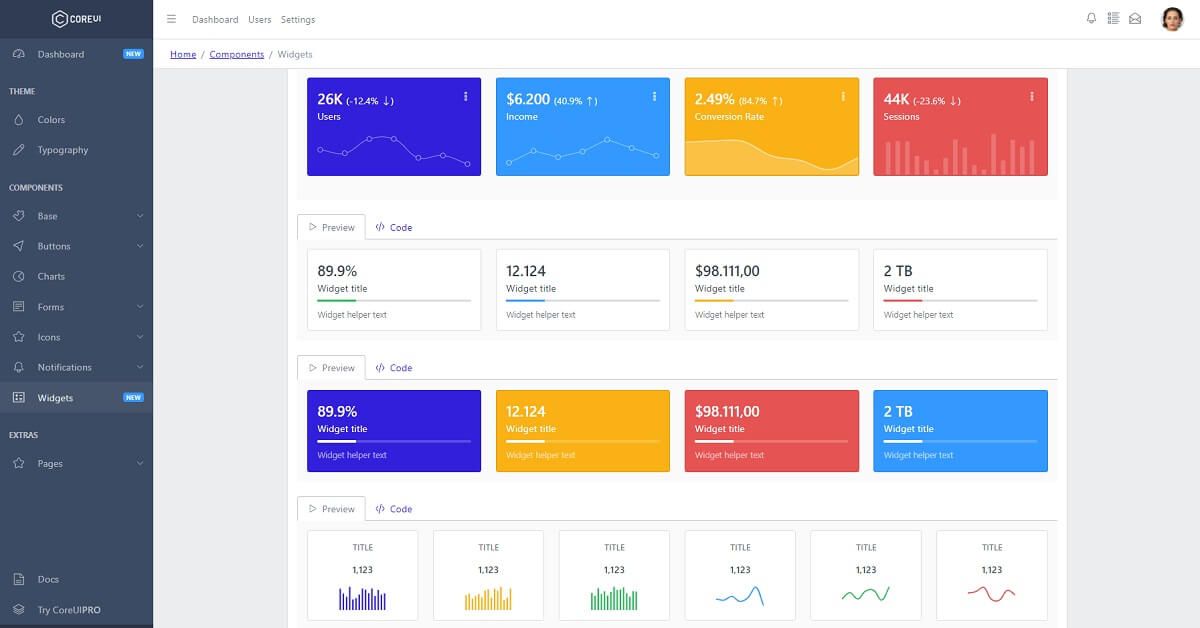 The image presents the widgets page of CoreUI,a modern Material-based design with a black left menu and many colorful widgets in the center of the page.