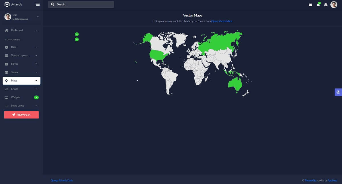 The page shows a left menu and a colorful maps in the center of the page. The product is an open-source admin dashboard crafted in Flask by AppSeed.