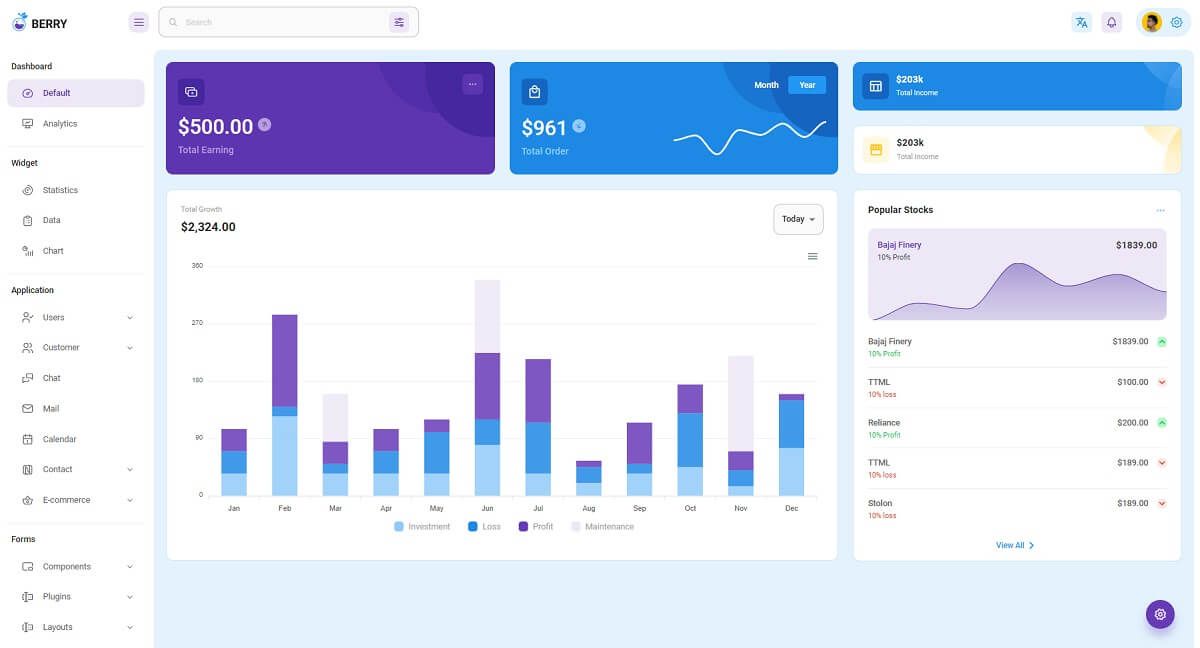 Berry is a Premium React Dashboard crafted by CodedThemes on top of Material-UI framework.