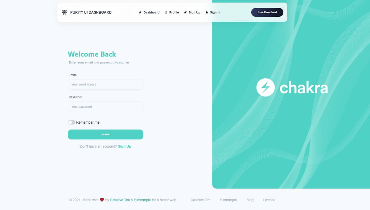 Login page of an open-source React Dashboard crafted in Chakra UI by Creative-Tim.
