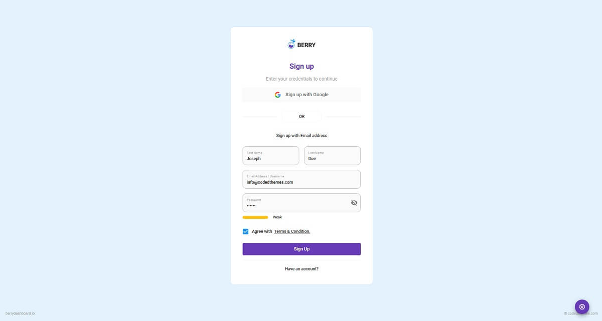 Login page of Berry React, open-source dashboard template crafted with React and Material-UI.