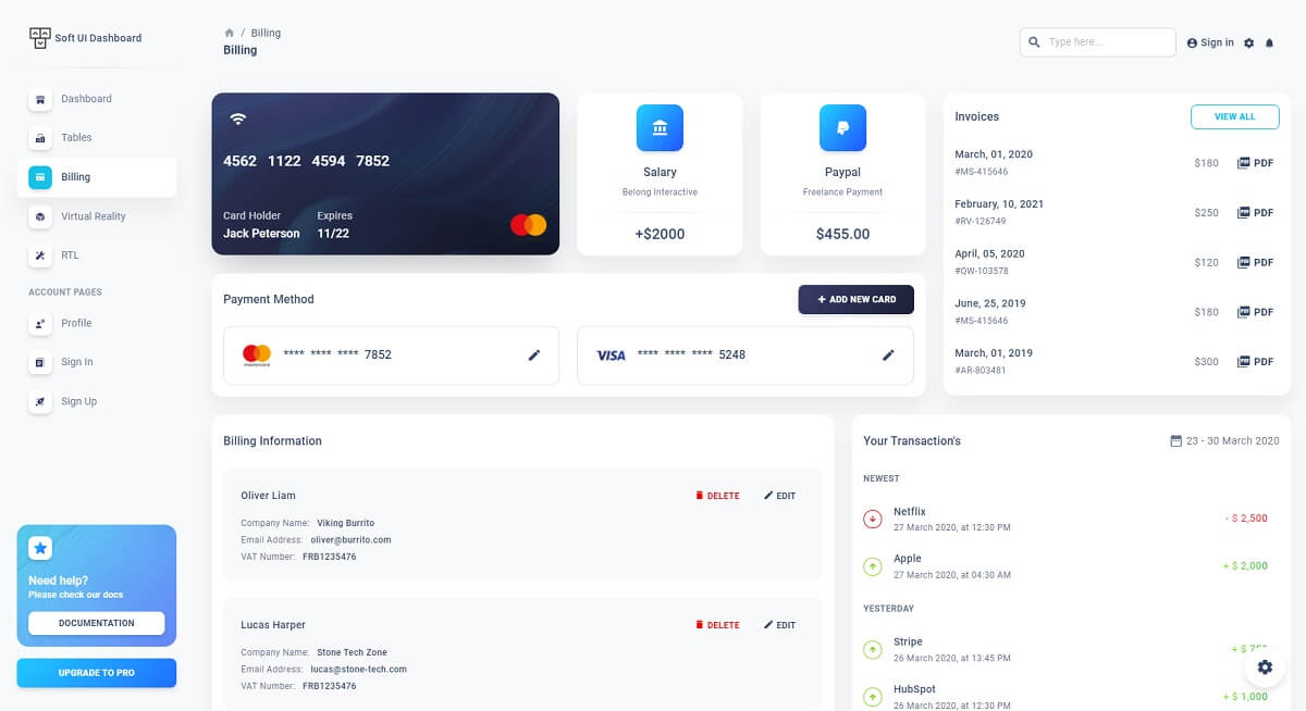 Billing page with a left menu and many colorful cards and widgets, all provided by Soft UI an open-source React Dashboard Template crafted by Creative-Tim.
