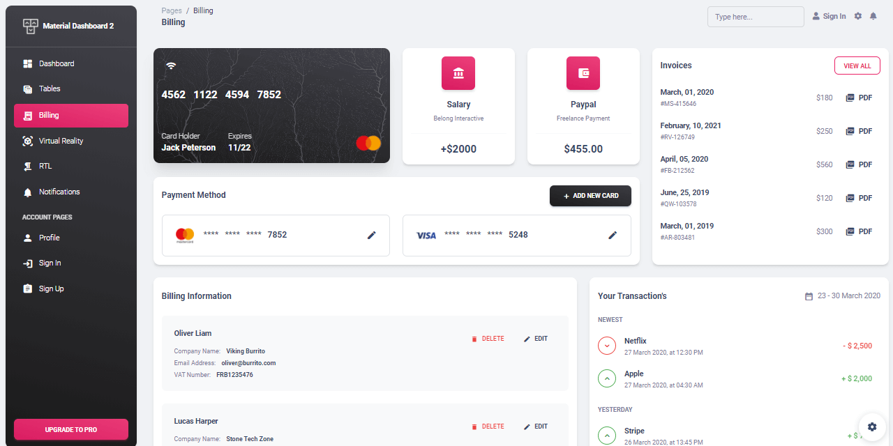 The billing page of an open-source Material Dashboard crafted by Creative-Tim.