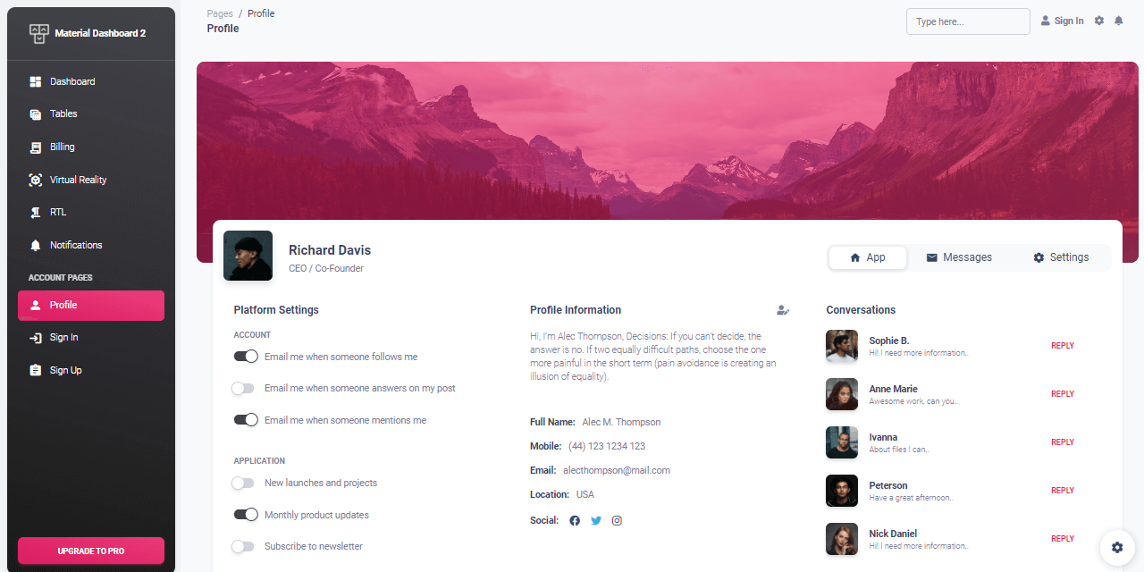 The user profile page of an open-source Material Dashboard crafted by Creative-Tim