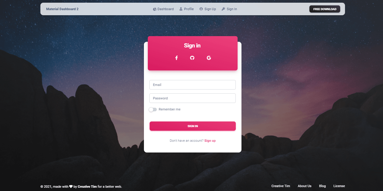 Modern SignIN page of an open-source Material Dashboard crafted by Creative-Tim.