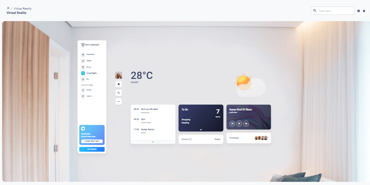 A futuristic VR page provided by Soft UI Dashboard, an open-source project powered by React and Django.  