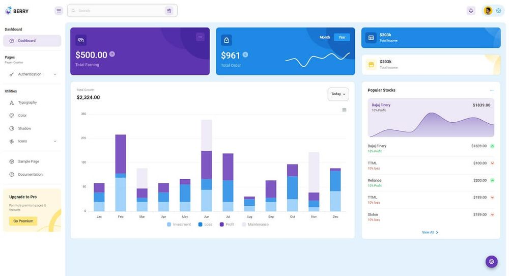 Dashboard Page of Berry Template, a free React Dashboard crafted on top of Materui UI components library. 