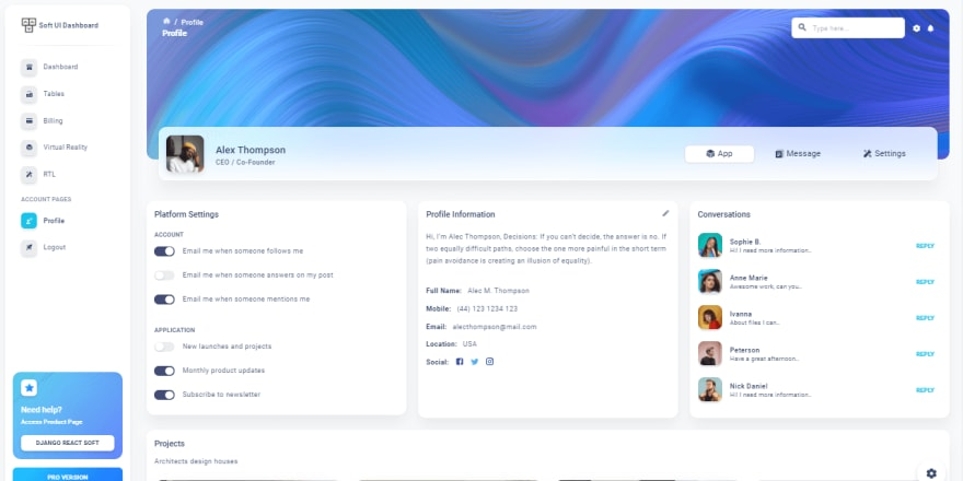 Django React Soft Dashboard - Profile Page.