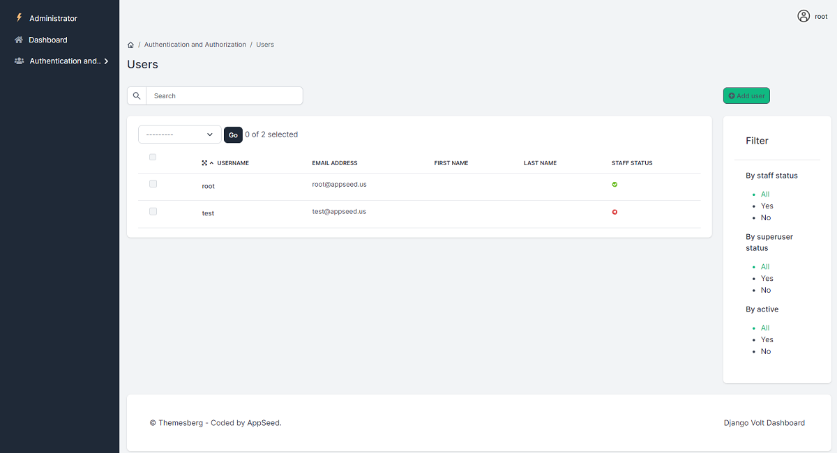 Django Admin Template Volt - Users page.