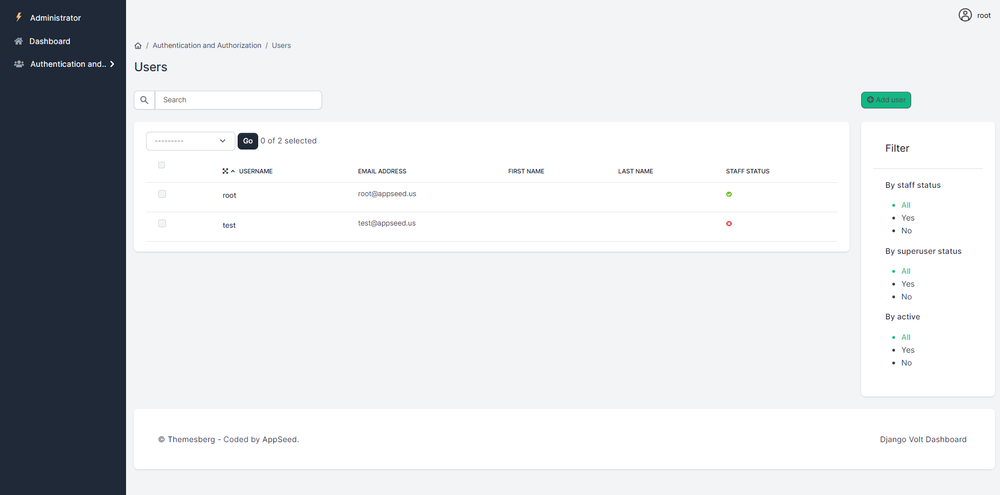 Django Admin Template Volt - Users Page styled with Volt Bootstrap 5 design.