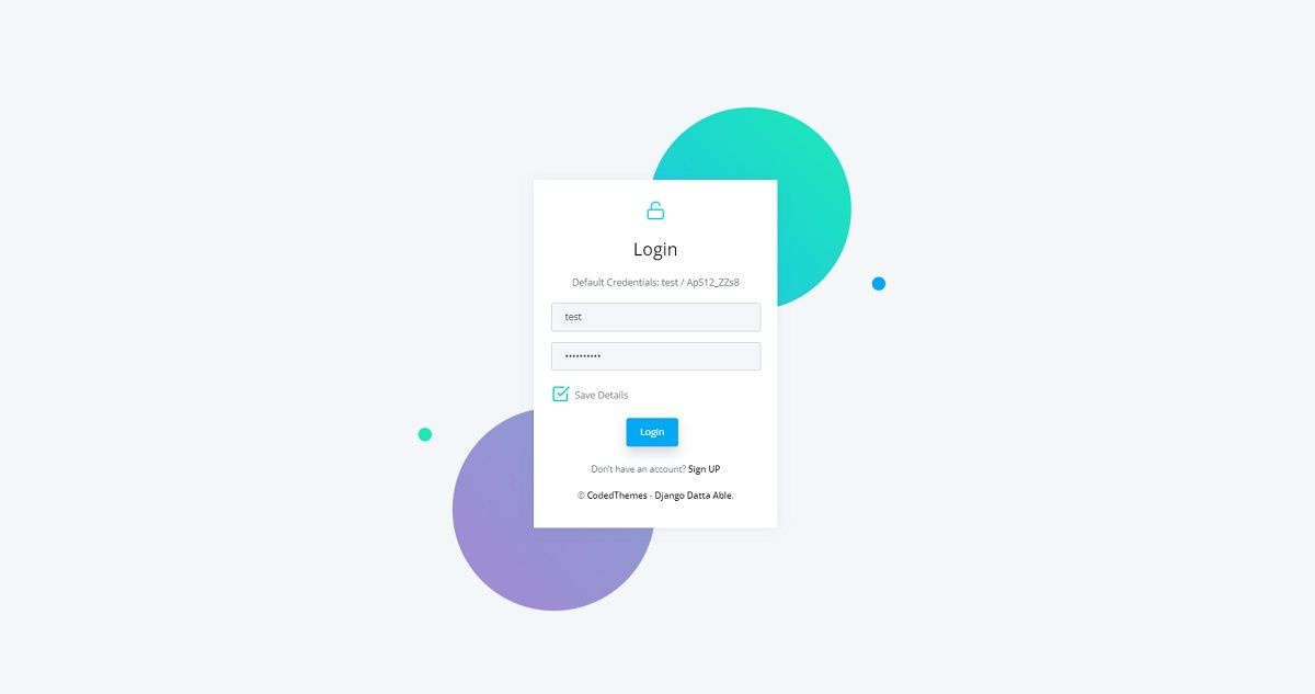 A colorful and simple login page provided by Datta Able, an open-source seed project vrafted in Django.  