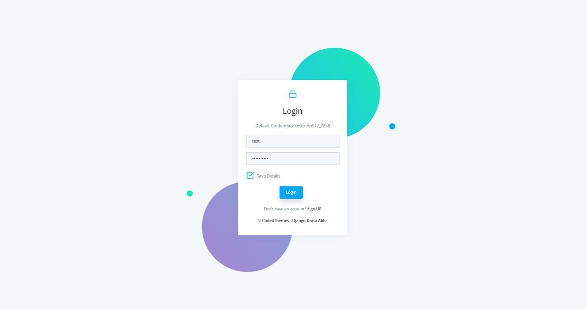 A colorful and simple login page provided by Datta Able, an open-source seed project vrafted in Django.
