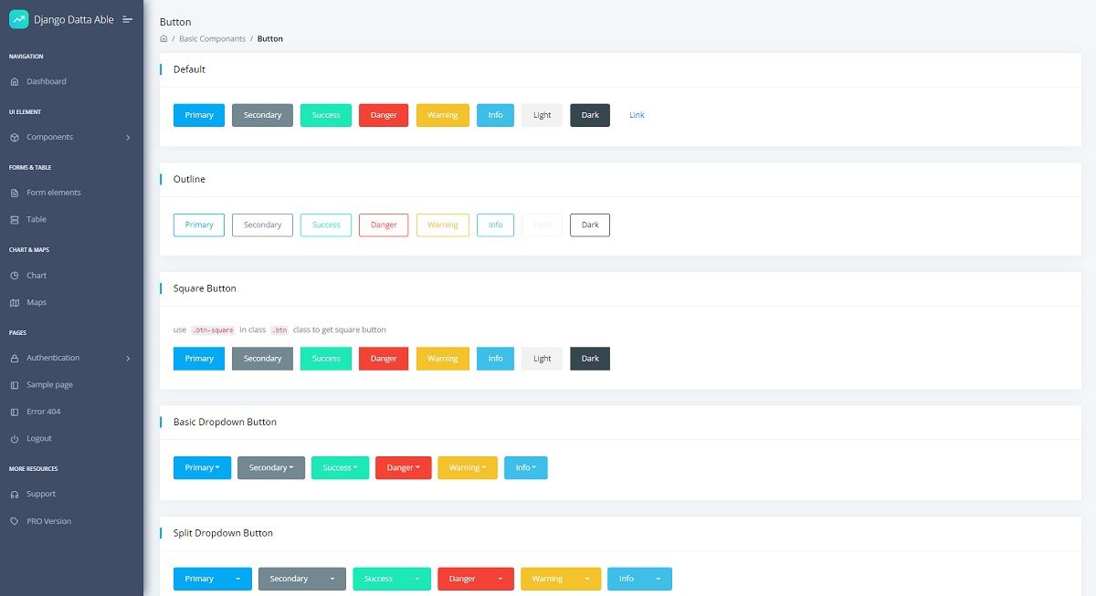 A UI components page provided by Datta Able, an open-source seed project crafted in Django.