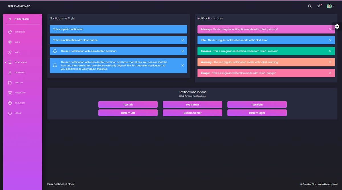 UI Alerts page provided by Flask Black Dashboard, an open-source seed project crafted by AppSeed and Creative-Tim. 