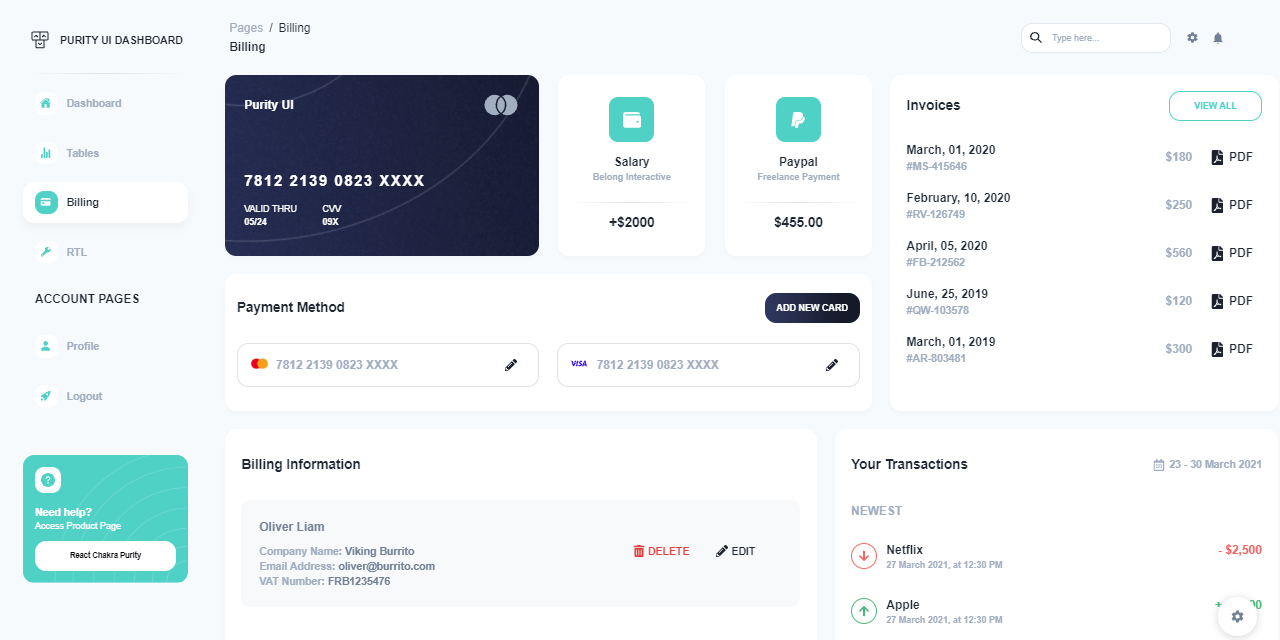 A colorful Billing Page provided by Purity Dashboard, an open-source React NodeJS Full-Stack seed project crafted by AppSeed and Creative-Tim.