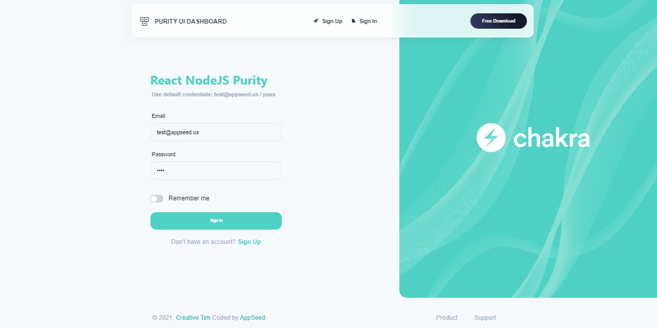 A colorful Login page provided by Purity Dashboard, an open-source React NodeJS Full-Stack seed project crafted by AppSeed and Creative-Tim.