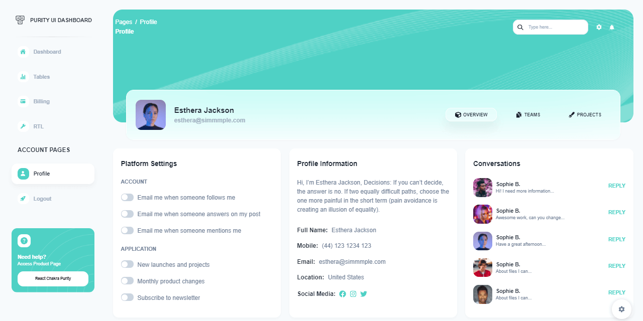 A modern profile Page provided by Purity Dashboard, an open-source React NodeJS Full-Stack seed project crafted by AppSeed and Creative-Tim.