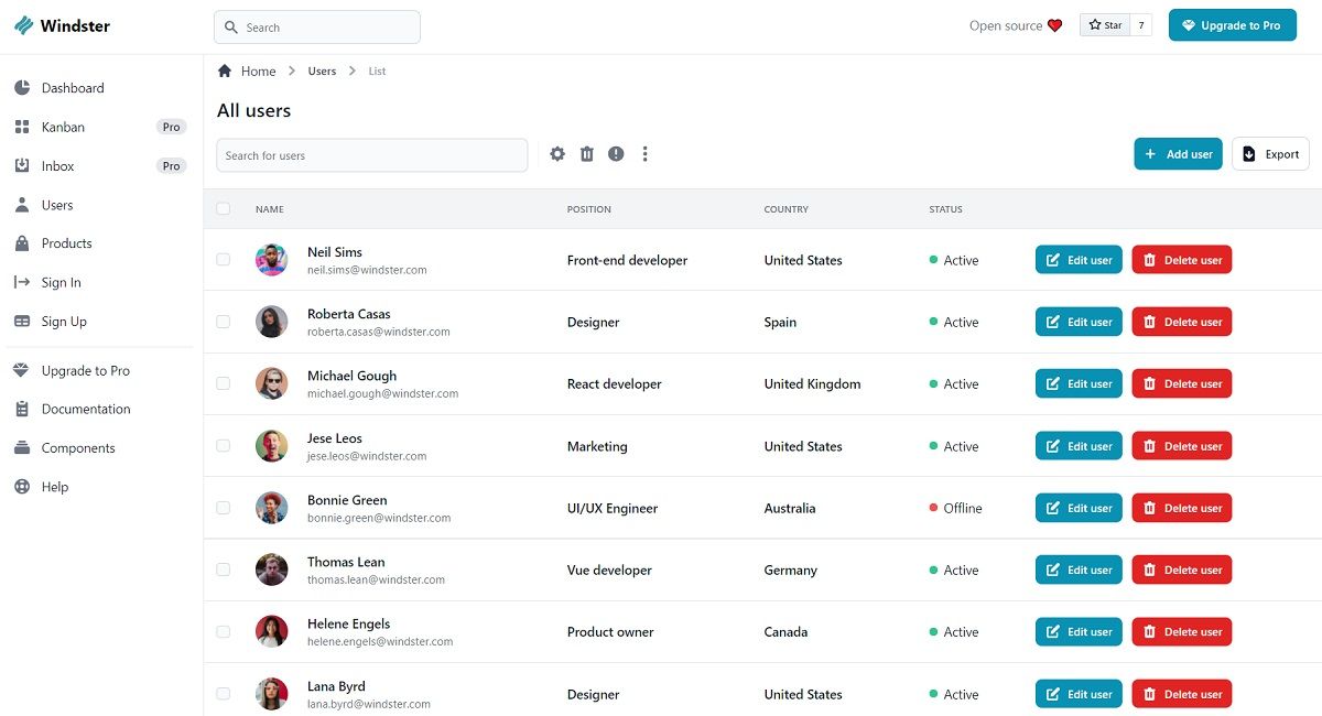 Windster Tailwind CSS Dashboard - Users Page.