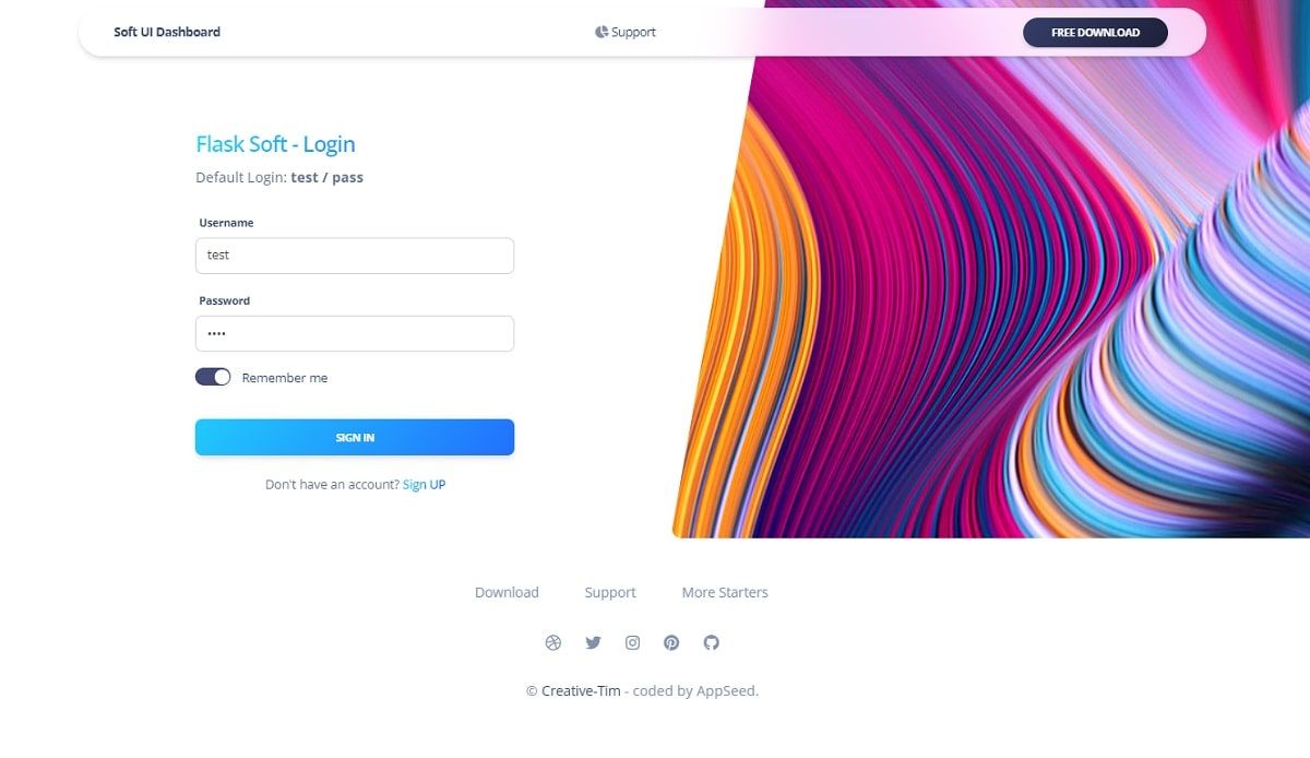 A futuristic login page with a simple form on the left and a colorful image with distorted lines on the right, all provided by Flask Soft UI Dashboard.